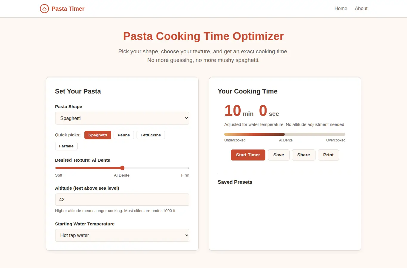 Screenshot of Pasta Cooking Time Optimizer interface showing the project page in use